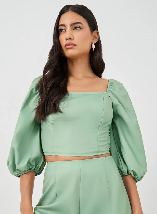 ستايلي Styli Balloon Sleeve Square Neck Crop Top and Pants Co-Ords