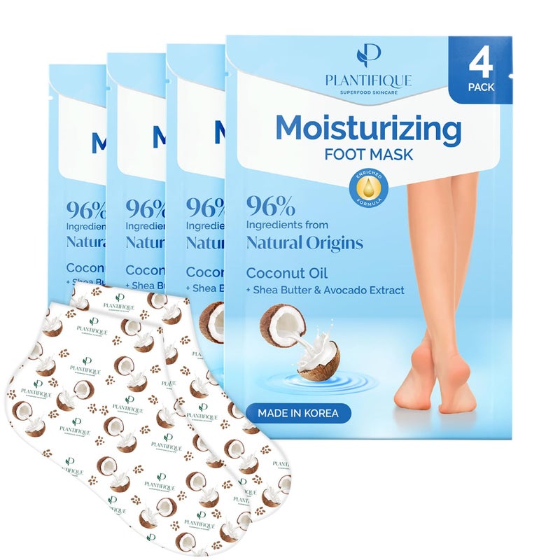 PLANTIFIQUE Korean Foot Mask with Shea Butter 4 Pairs box for Dry Cracked Feet Hydrating Socks for Soft Heels Intense Moisturizing and Repairing Dry Rough Skin Foot Spa Happy Feet Mask