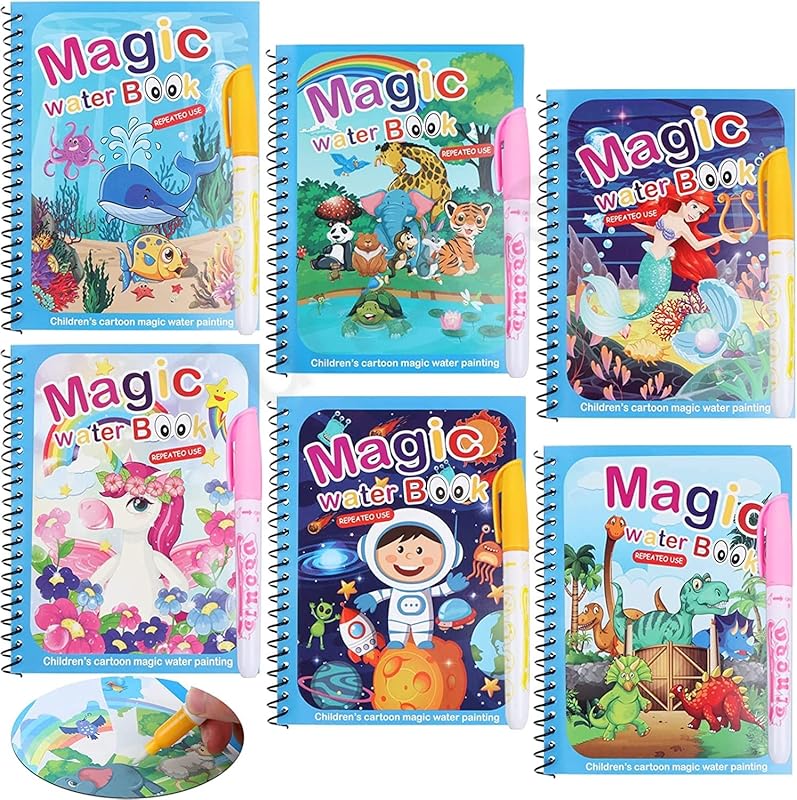FunBlast Magic Water Painting Book with Magic Doodle Pen for Kids - Reusable Painting Scrap Kit, Water Coloring Drawing Sheets for Kids, Boys and Toddlers â€“ Pack of 6 - Assorted Color and Design