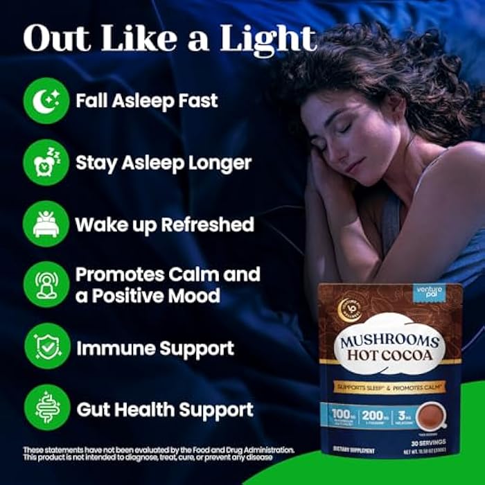 Venture Pal Mushroom Hot Cocoa Mix, 3mg Melatonin Sleep Support with Reishi, Magnesium Glycinate & L-Theanine, Sugar Free, 30 Servings - Image 2