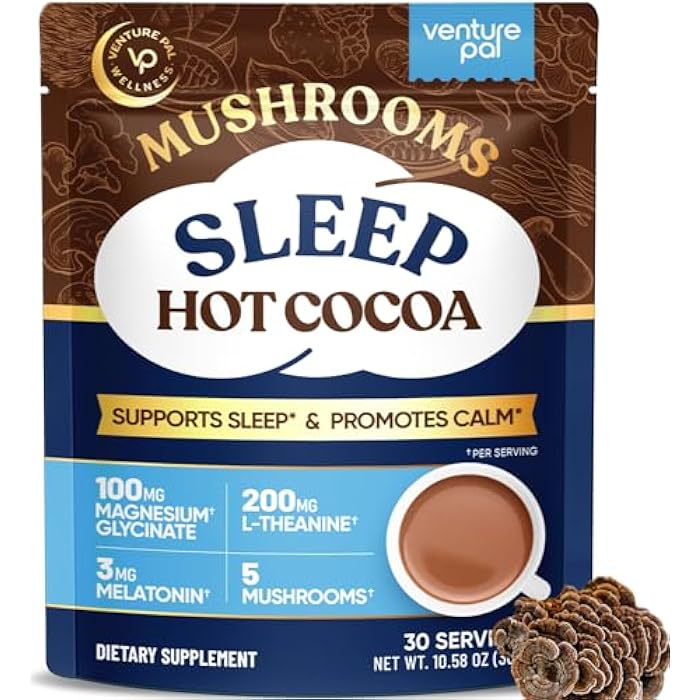 Venture Pal Mushroom Hot Cocoa Mix, 3mg Melatonin Sleep Support with Reishi, Magnesium Glycinate & L-Theanine, Sugar Free, 30 Servings - Image 1