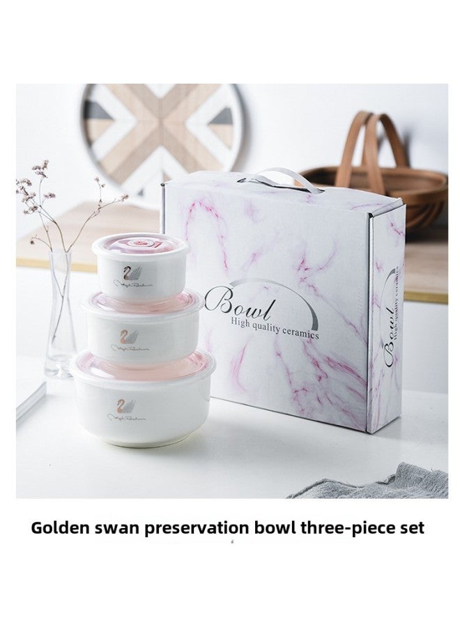 Bear Ceramic Preservation Bowl Three-piece Set Sealed Bowl Gift Bowl Set Gift Microwave Oven Bowl Plus LOGO Preservation-Specifications:Golden Swan Set Of Three Fresh-keeping Bowls (20 Sets/box)-Color:4inch 5inch 6inch  - Image 1