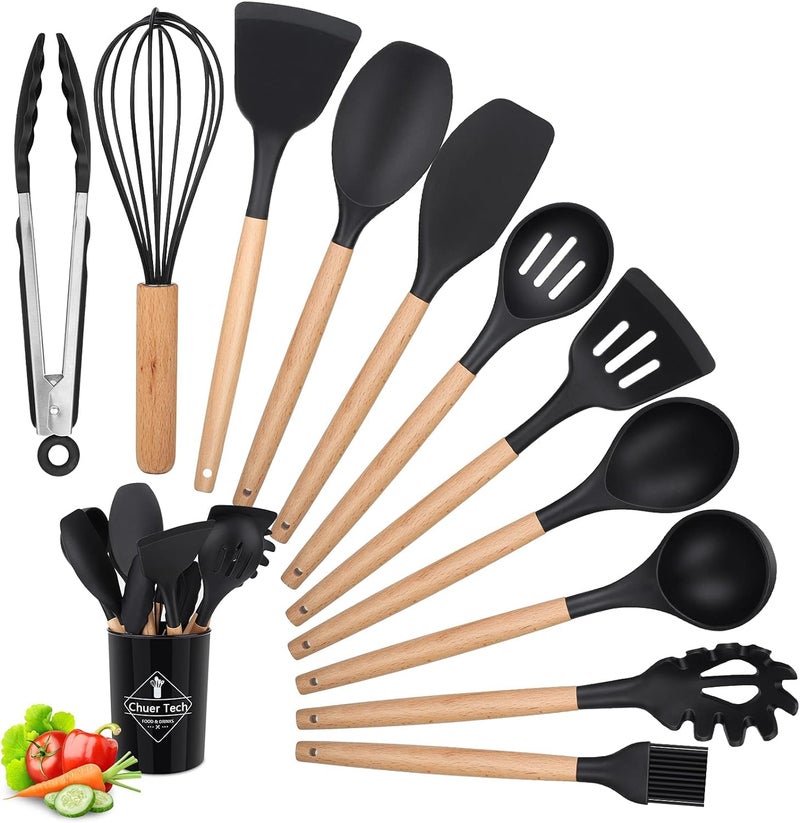 KPTON Silicone Kitchen Spatula and Utensils Spoon Set Cooking Baking Set 12 Pcs NonStick with Wooden HandleBPA Free Heat Resistant Item Flexible Non Toxic Silicon Cookware Tools Black - Image 1