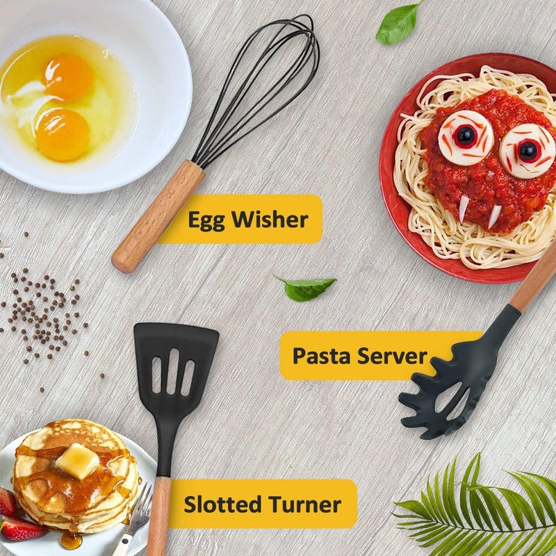 KPTON Silicone Kitchen Spatula and Utensils Spoon Set Cooking Baking Set 12 Pcs NonStick with Wooden HandleBPA Free Heat Resistant Item Flexible Non Toxic Silicon Cookware Tools Black - Image 3