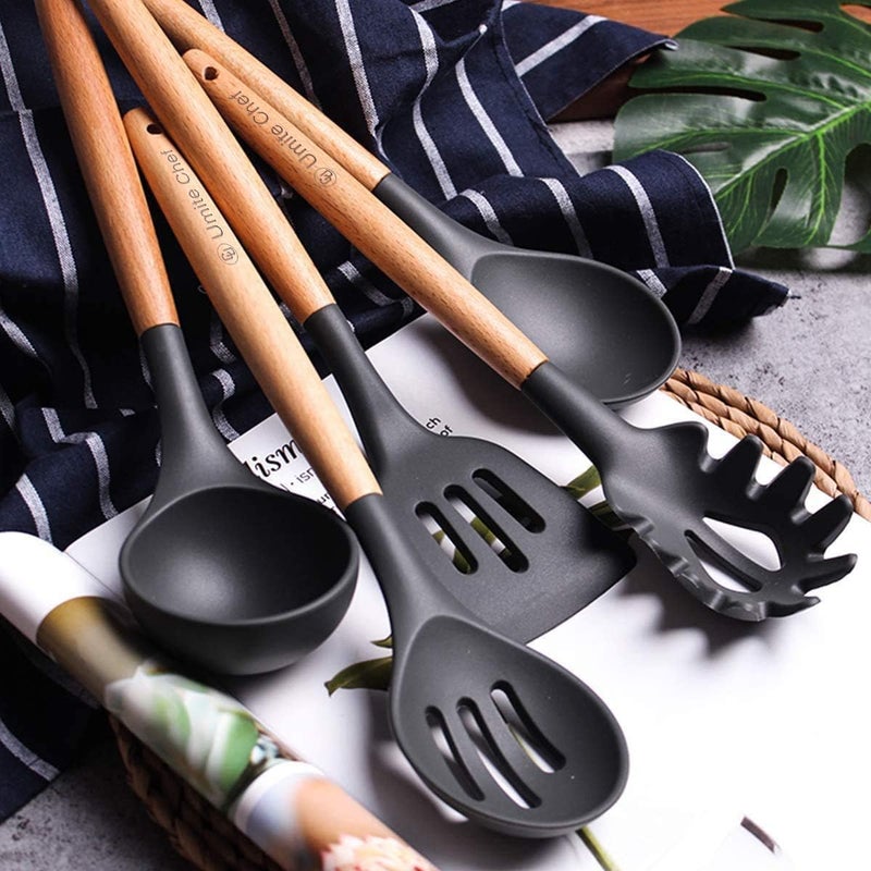KPTON Silicone Kitchen Spatula and Utensils Spoon Set Cooking Baking Set 12 Pcs NonStick with Wooden HandleBPA Free Heat Resistant Item Flexible Non Toxic Silicon Cookware Tools Black - Image 4