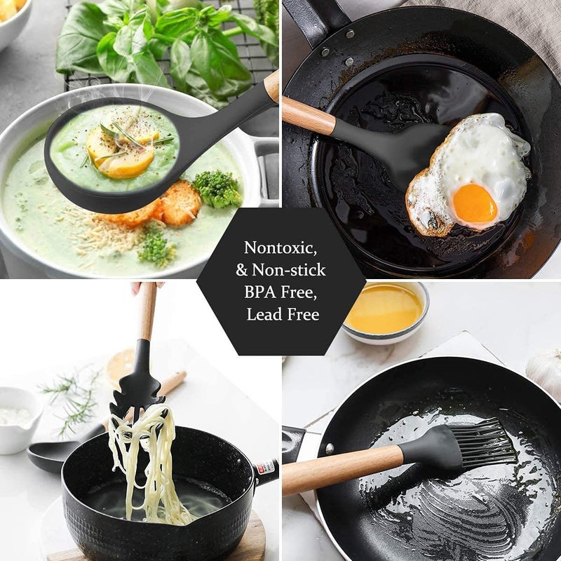 KPTON Silicone Kitchen Spatula and Utensils Spoon Set Cooking Baking Set 12 Pcs NonStick with Wooden HandleBPA Free Heat Resistant Item Flexible Non Toxic Silicon Cookware Tools Black - Image 5