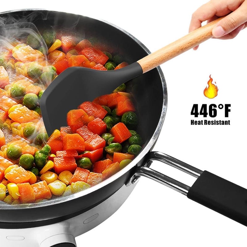 KPTON Silicone Kitchen Spatula and Utensils Spoon Set Cooking Baking Set 12 Pcs NonStick with Wooden HandleBPA Free Heat Resistant Item Flexible Non Toxic Silicon Cookware Tools Black - Image 2