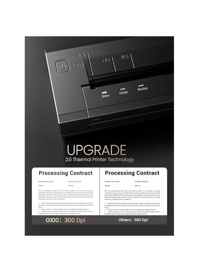 phomemo G100 Ultra Fast Portable Printers Wireless for Travel, 100mm/s, 499g, 300DPI, 1300mAh, Thermal Inkless Bluetooth 5.2/USB 2.0, iOS/Android/PC, US Letter/A4/A5/B5/B5w, with Carry & 20 Sheets - Image 3