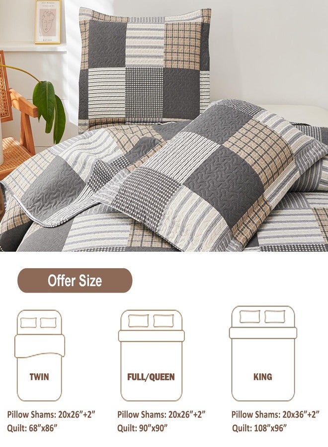 CHESITY Brown Black Plaid Bedding Sets, 3 Pcs Queen Size Quilt Bedspread Checked Patchwork Print Coverlets Bedcover Reversible Bed Cover Country Bedroom Decor(90"x 90") - Image 3