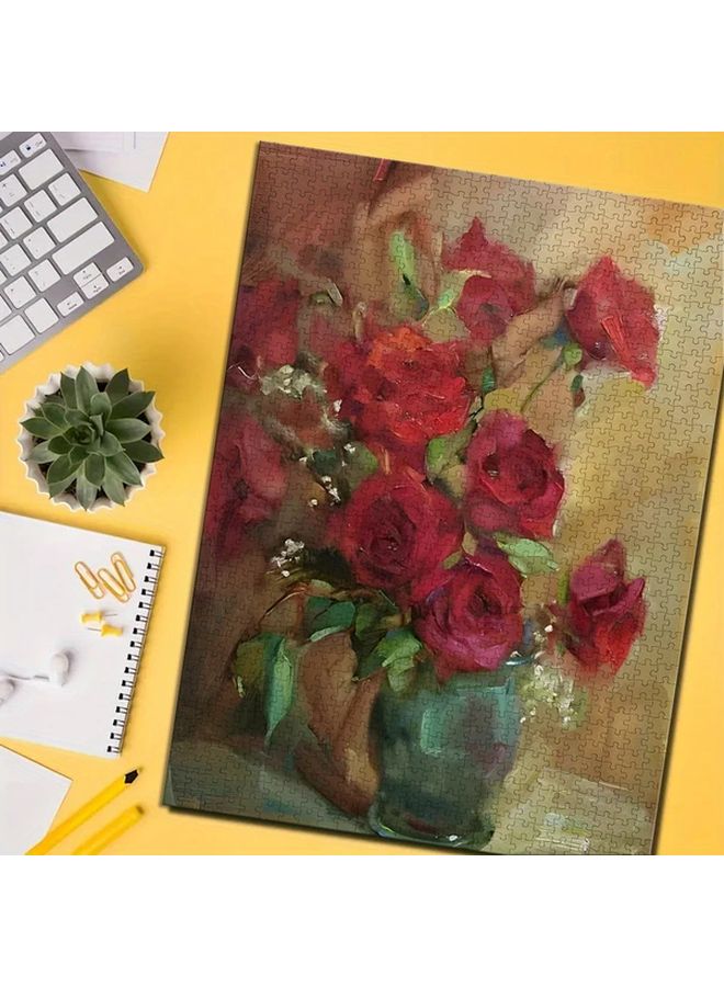 1000 Piece Jigsaw Puzzle Vibrant Red Roses Vase Art Educational Game For Adults Teens - Image 3