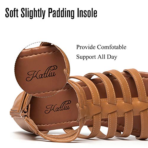 katliu Women's Gladiator Sandal Strappy Flat Sandals Two Ankle Buckle Brown 8 - Image 4