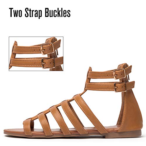 katliu Women's Gladiator Sandal Strappy Flat Sandals Two Ankle Buckle Brown 8 - Image 2