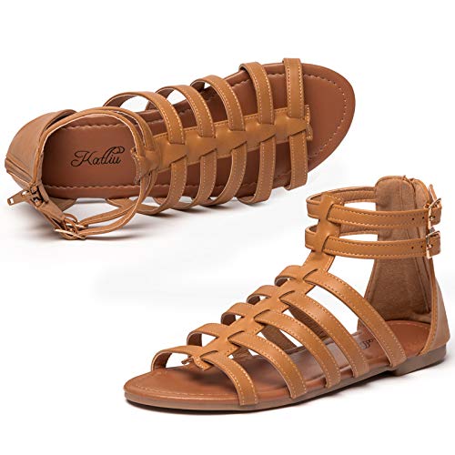 katliu Women's Gladiator Sandal Strappy Flat Sandals Two Ankle Buckle Brown 8 - Image 1