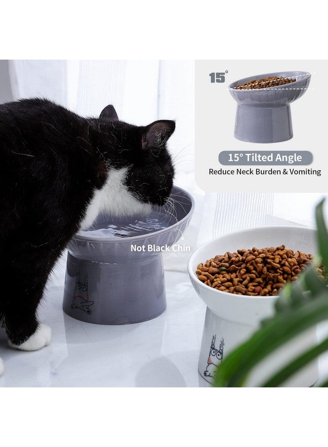 OMAYKEY 6.5 Inch Extra Wide Ceramic Raised Cat Bowl Set, Tilted Elevated Cat Bowls For Food And Water, Prevent Whisker Fatigue, Stress Free, Less Vomiting, Protect Spine, White & Grey - Image 4