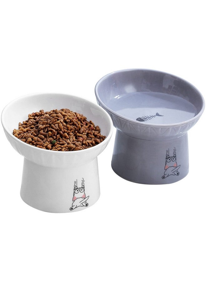 OMAYKEY 6.5 Inch Extra Wide Ceramic Raised Cat Bowl Set, Tilted Elevated Cat Bowls For Food And Water, Prevent Whisker Fatigue, Stress Free, Less Vomiting, Protect Spine, White & Grey - Image 1
