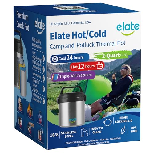 Elate 2-Quart/64oz Camp Crock Thermos for Hot/Cold Food, Wide-Mouth Thermal Container, Stainless Steel Vacuum-Insulated Jar, Portable Lunch Pot for Outdoor Adventure, Camping, Picnics, Trips, Potlucks - Image 1