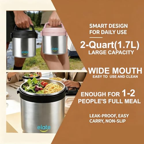 Elate 2-Quart/64oz Camp Crock Thermos for Hot/Cold Food, Wide-Mouth Thermal Container, Stainless Steel Vacuum-Insulated Jar, Portable Lunch Pot for Outdoor Adventure, Camping, Picnics, Trips, Potlucks - Image 5