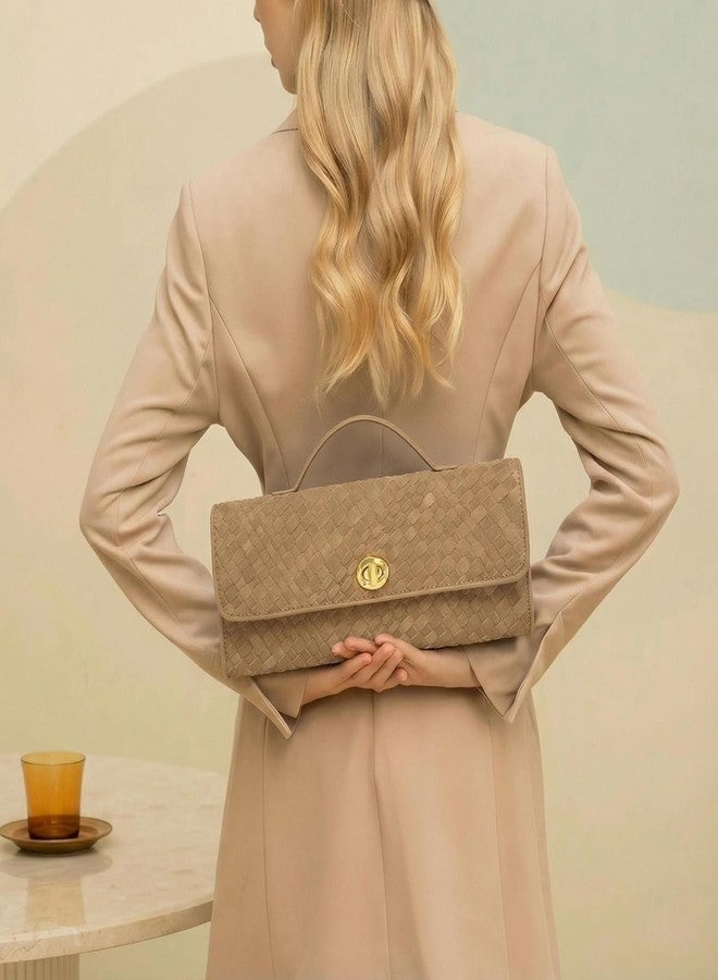 Fynvrona Suede Mixed-Weave Bag for Women - Soft Shoulder Handbag & Crossbody Clutch Purse for Work, Wedding & Party (Camel) - Image 2