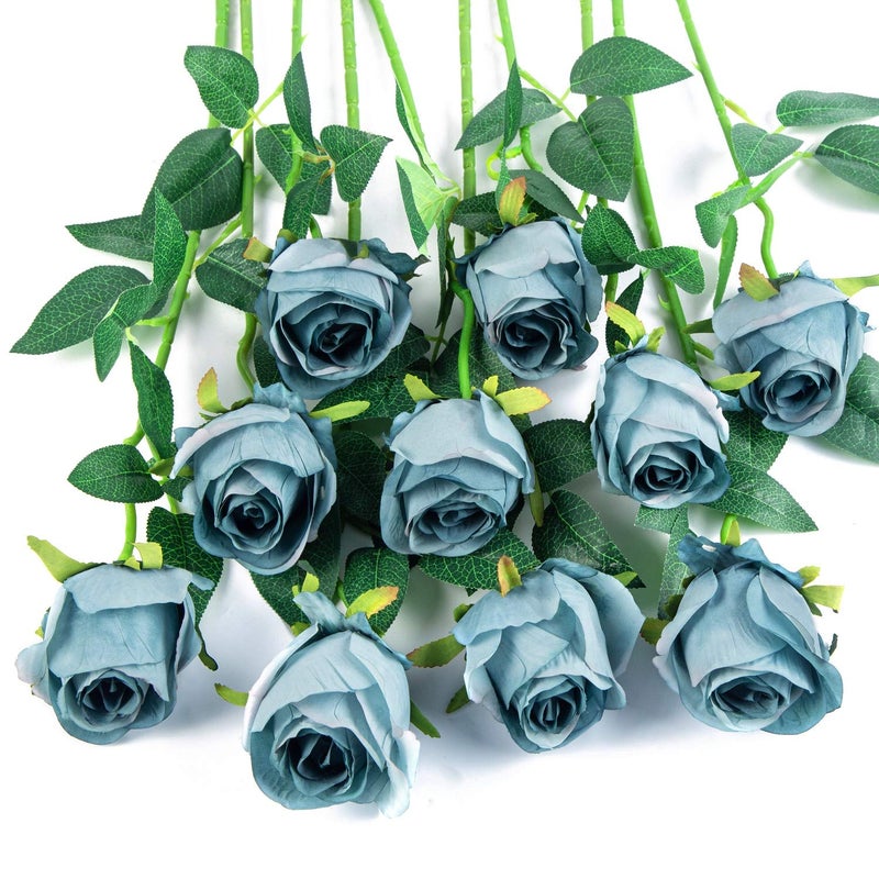 Flojery 10pcs Artificial Rose Flowers Long Stem Fake Silk Roses for DIY Wedding Bouquet Table Centerpiece Home Decor Blue