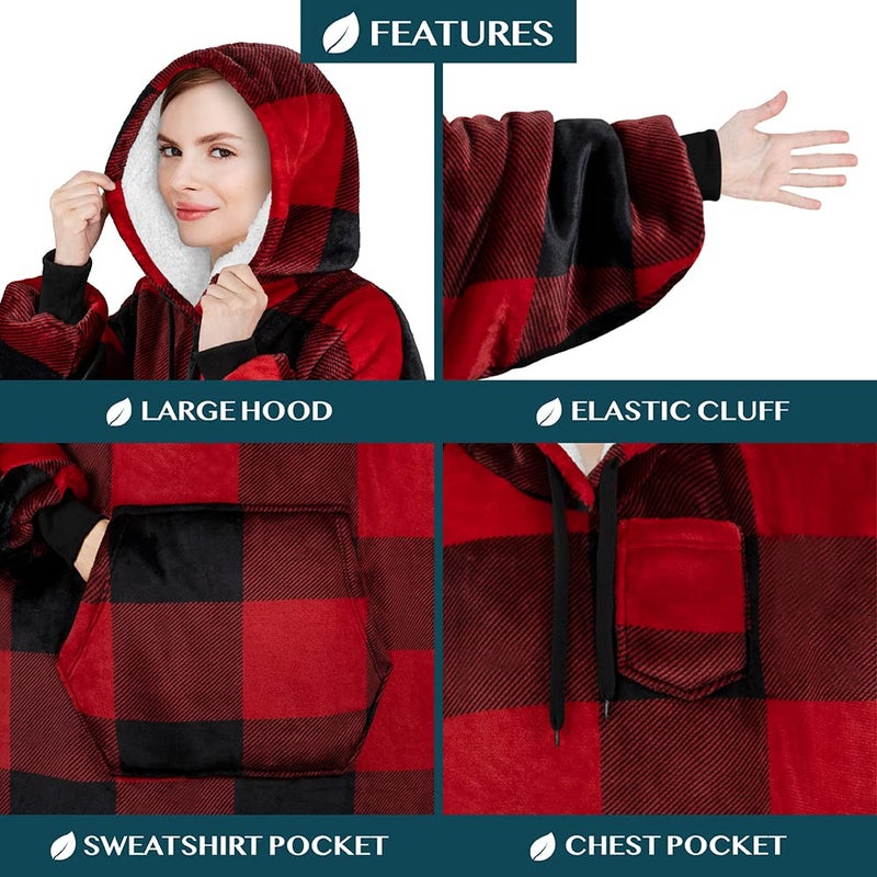 PAVILIA PAVILIA Blanket Hoodie for Women Red  Sherpa Wearable Blanket Men  Cozy Oversized Sweatshirt Blanket  Warm Fleece Hooded Blanket Sweater with Sleeves and Giant Pocket  Adult Long  Plaid Red - Image 3