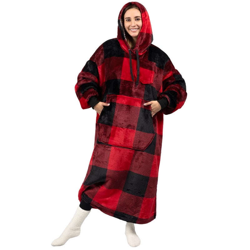 PAVILIA PAVILIA Blanket Hoodie for Women Red  Sherpa Wearable Blanket Men  Cozy Oversized Sweatshirt Blanket  Warm Fleece Hooded Blanket Sweater with Sleeves and Giant Pocket  Adult Long  Plaid Red - Image 1