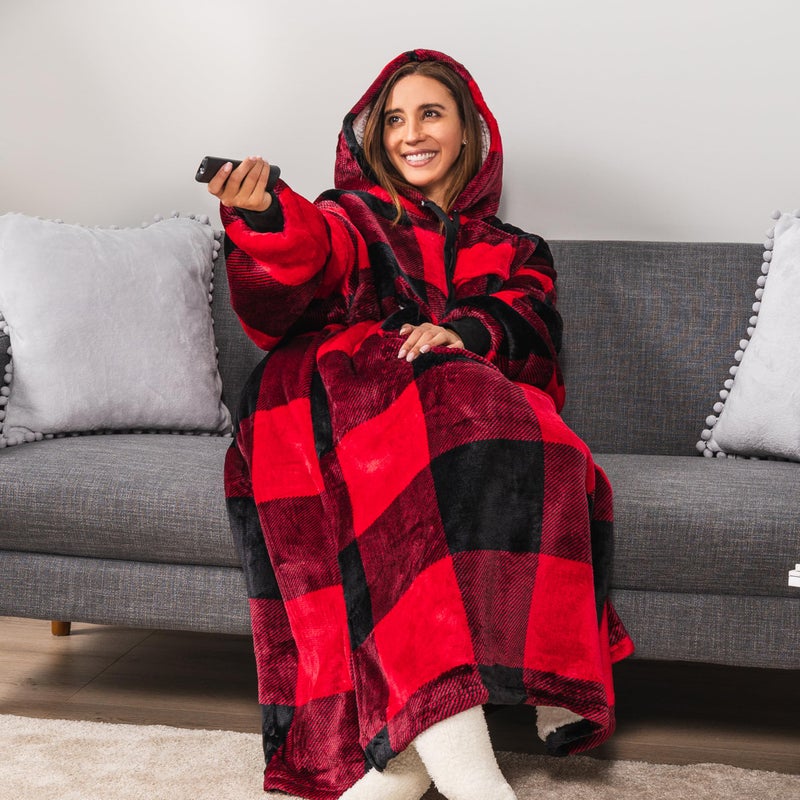 PAVILIA PAVILIA Blanket Hoodie for Women Red  Sherpa Wearable Blanket Men  Cozy Oversized Sweatshirt Blanket  Warm Fleece Hooded Blanket Sweater with Sleeves and Giant Pocket  Adult Long  Plaid Red - Image 5