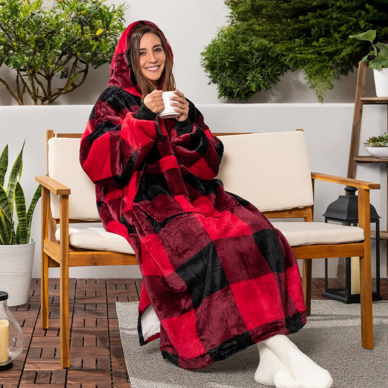 PAVILIA PAVILIA Blanket Hoodie for Women Red  Sherpa Wearable Blanket Men  Cozy Oversized Sweatshirt Blanket  Warm Fleece Hooded Blanket Sweater with Sleeves and Giant Pocket  Adult Long  Plaid Red - Image 2