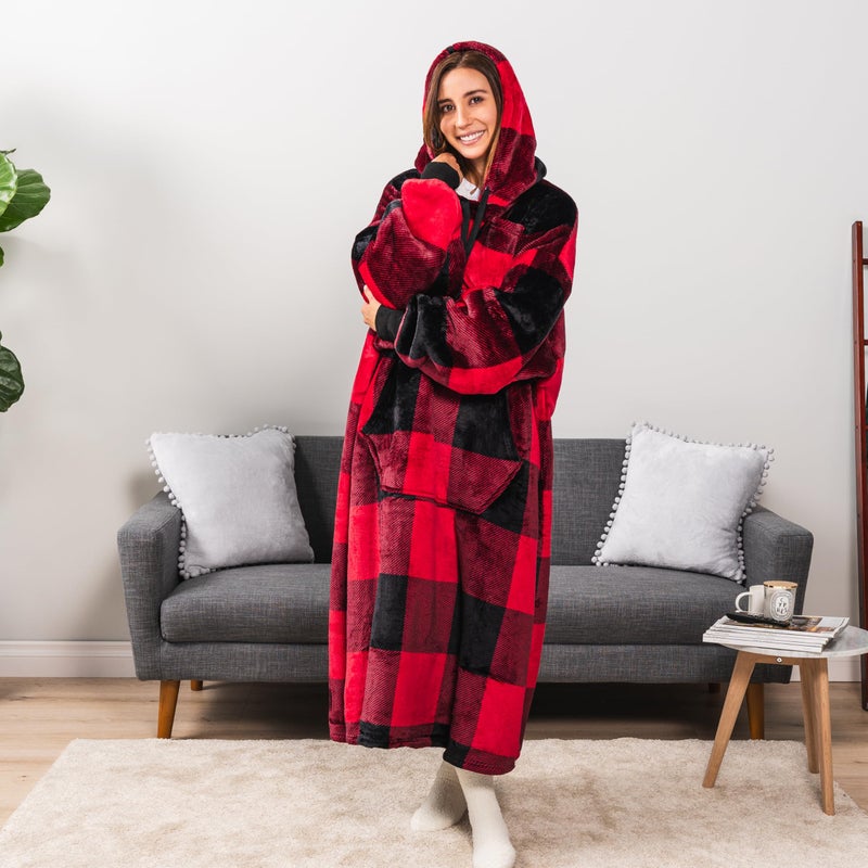 PAVILIA PAVILIA Blanket Hoodie for Women Red  Sherpa Wearable Blanket Men  Cozy Oversized Sweatshirt Blanket  Warm Fleece Hooded Blanket Sweater with Sleeves and Giant Pocket  Adult Long  Plaid Red - Image 4