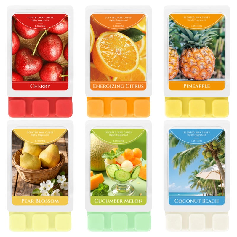SCENTORINI Wax Melts, Scented Wax Cubes for Wax Warmers, Spring Summer Scent, Coconut Beach, Pear Blossom, Cherry, Cucumber Melon, Pineapple, Energizing Citrus, 6 Pack - Image 1
