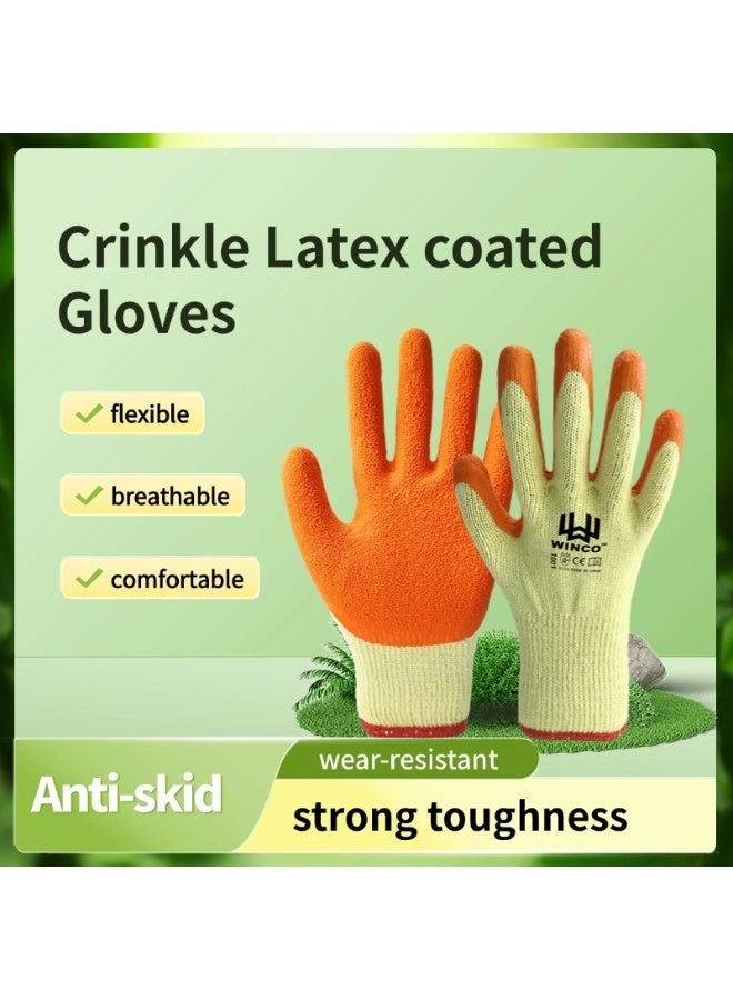 Winco 10 Pairs Yellow cotton and orange latex wrinkle coated glove - Image 1