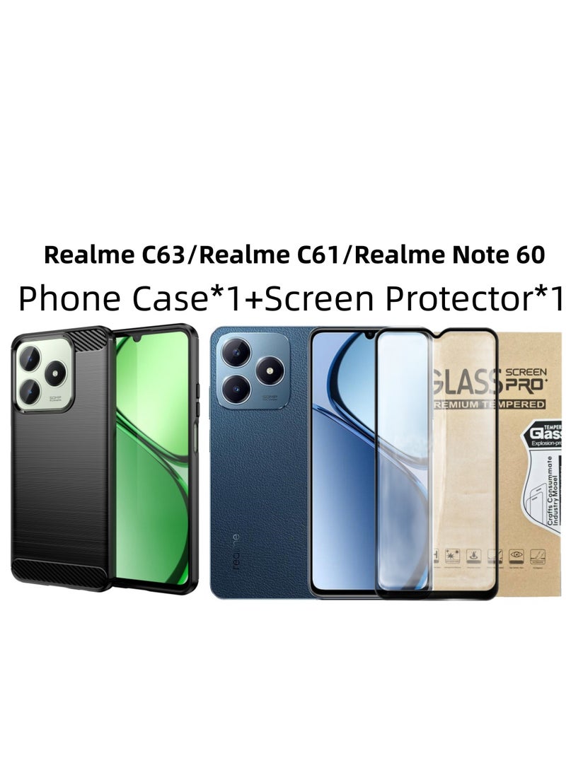 Fankalo - [1+1 Sets] For Realme C63/ Realme C61/ Realme Note 60 Case & Screen Protector Soft TPU Brushed Texture Anti-Slip Cover with Scratch Resistant Tempered Glass - Image 1