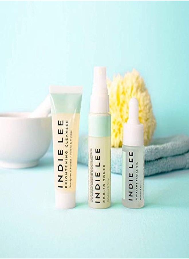 INDIE LEE - Discovery Kit Brightening Cleanser, Coq10 Toner + Squalane Facial Oil Skincare Regimen For Adults (3Piece Travel Size Set) - Image 1