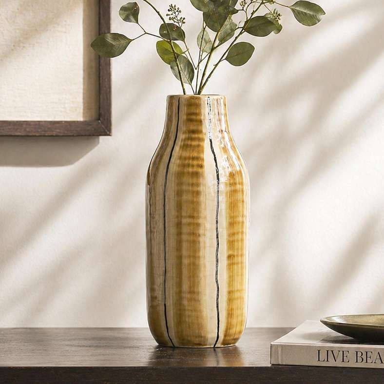 Pan Home Emi Stoneware Linear Glaze Vase 10.5x10.5x25.5cm - Ochre - 112AIC9905010 - Image 1