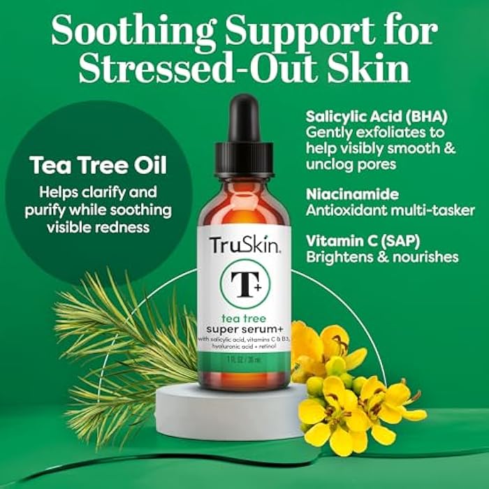 TruSkin Tea Tree Oil Acne Treatment for Face – Acne Serum – Improve the Appearance of Pores, Skin Tone for Smooth, Glowing Skin with Salicylic Acid, Vitamin C, Niacinamide & Retinol, 1 fl oz - Image 2