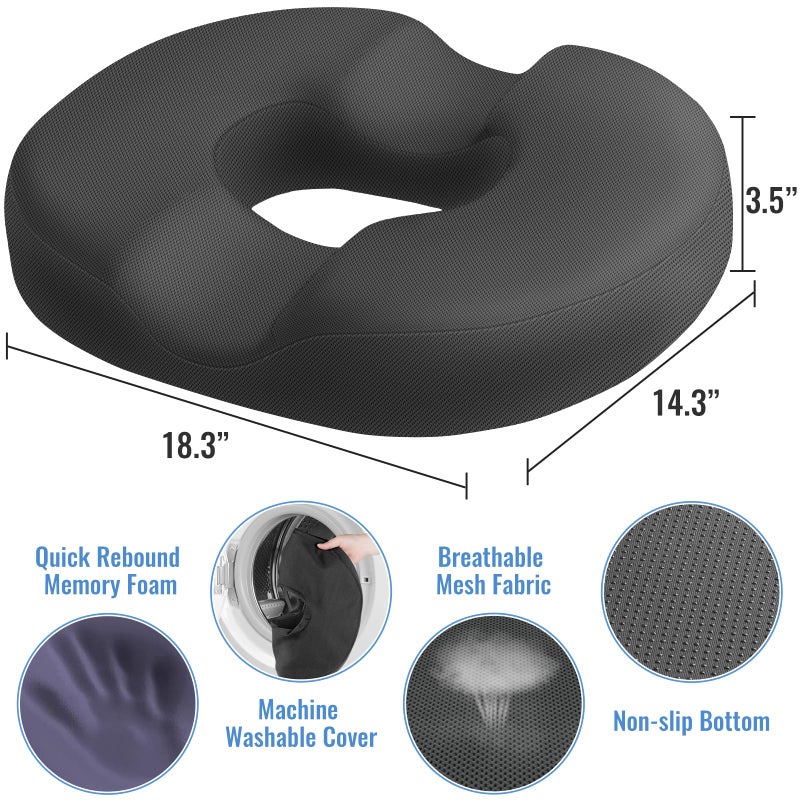 CloudBliss CloudBliss Donut Pillow Seat Cushion for Tailbone Pain Relief and Hemorrhoids  Memory Foam Seat Chair Cushion for Postpartum Pregnancy  Seat Cushions for Men and Women for Home & Office  (Grey-XL) - Image 1