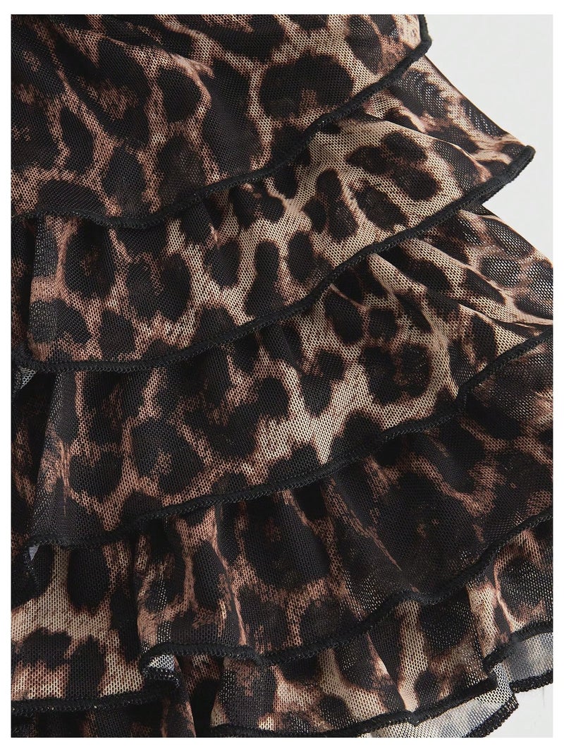 Verdusa Women's Plus Size Y2K Cheetah Print Ruffle Shorts Tiered Layered Low Waist Mesh Mini Shorts Brown X-Large Plus - Image 3