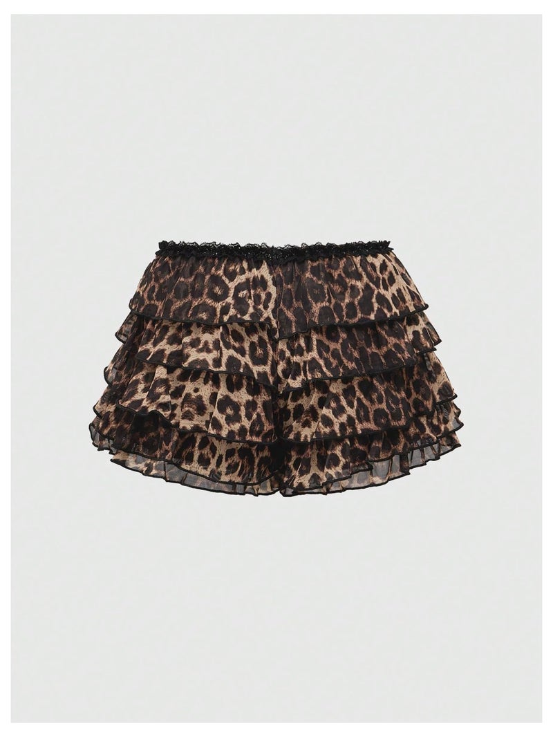 Verdusa Women's Plus Size Y2K Cheetah Print Ruffle Shorts Tiered Layered Low Waist Mesh Mini Shorts Brown X-Large Plus - Image 2