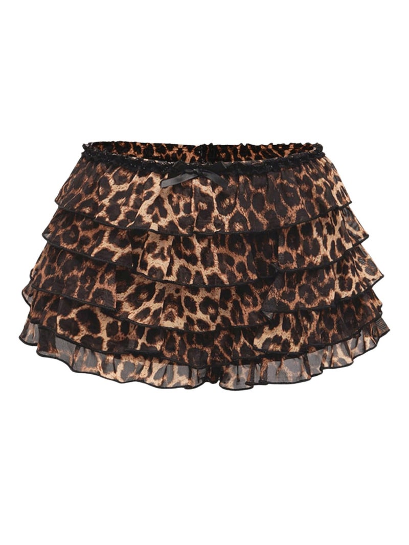 Verdusa Women's Plus Size Y2K Cheetah Print Ruffle Shorts Tiered Layered Low Waist Mesh Mini Shorts Brown X-Large Plus - Image 1