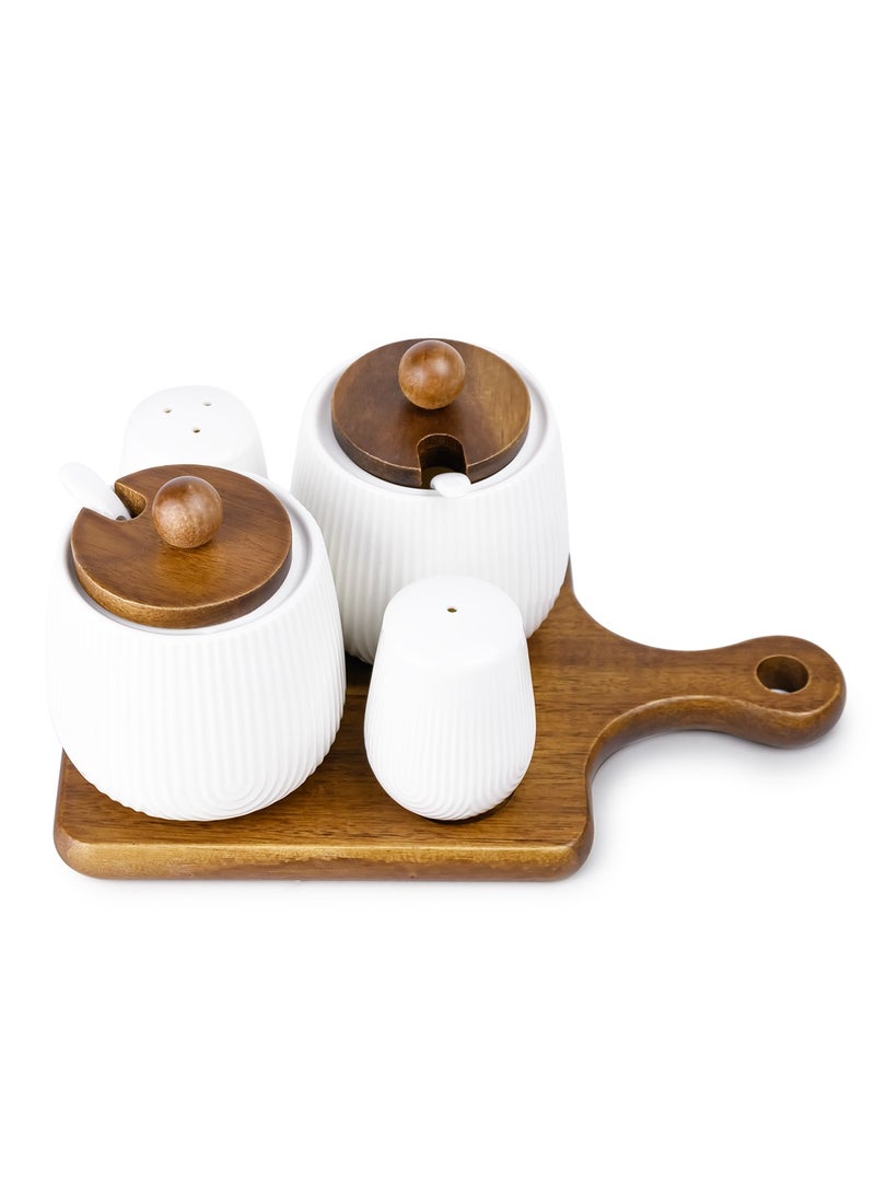 Shallow Acacia Wood Porcelain 4 Pieces Condiment Set, White & Brown - Image 3