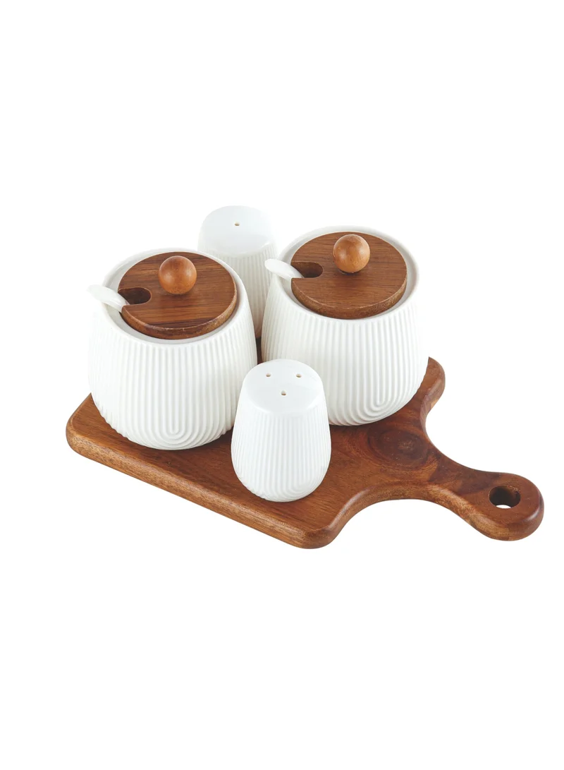 Shallow Shallow Acacia Wood Porcelain 4 Pieces Condiment Set, White & Brown