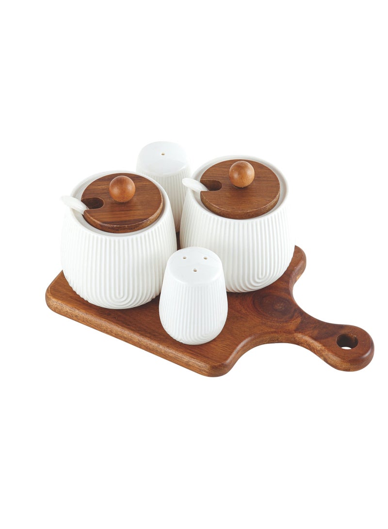 Shallow Acacia Wood Porcelain 4 Pieces Condiment Set, White & Brown - Image 2