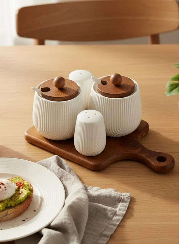 Shallow Shallow Acacia Wood Porcelain 4 Pieces Condiment Set, White & Brown