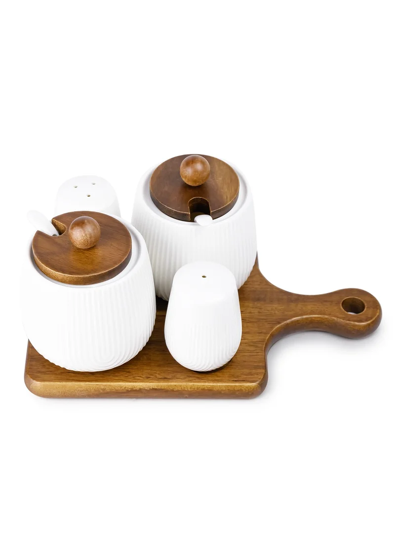 Shallow Shallow Acacia Wood Porcelain 4 Pieces Condiment Set, White & Brown