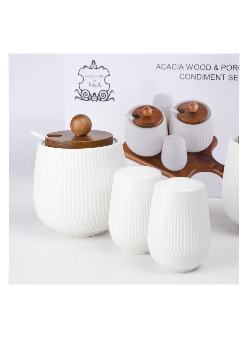 Shallow Shallow Acacia Wood Porcelain 4 Pieces Condiment Set, White & Brown