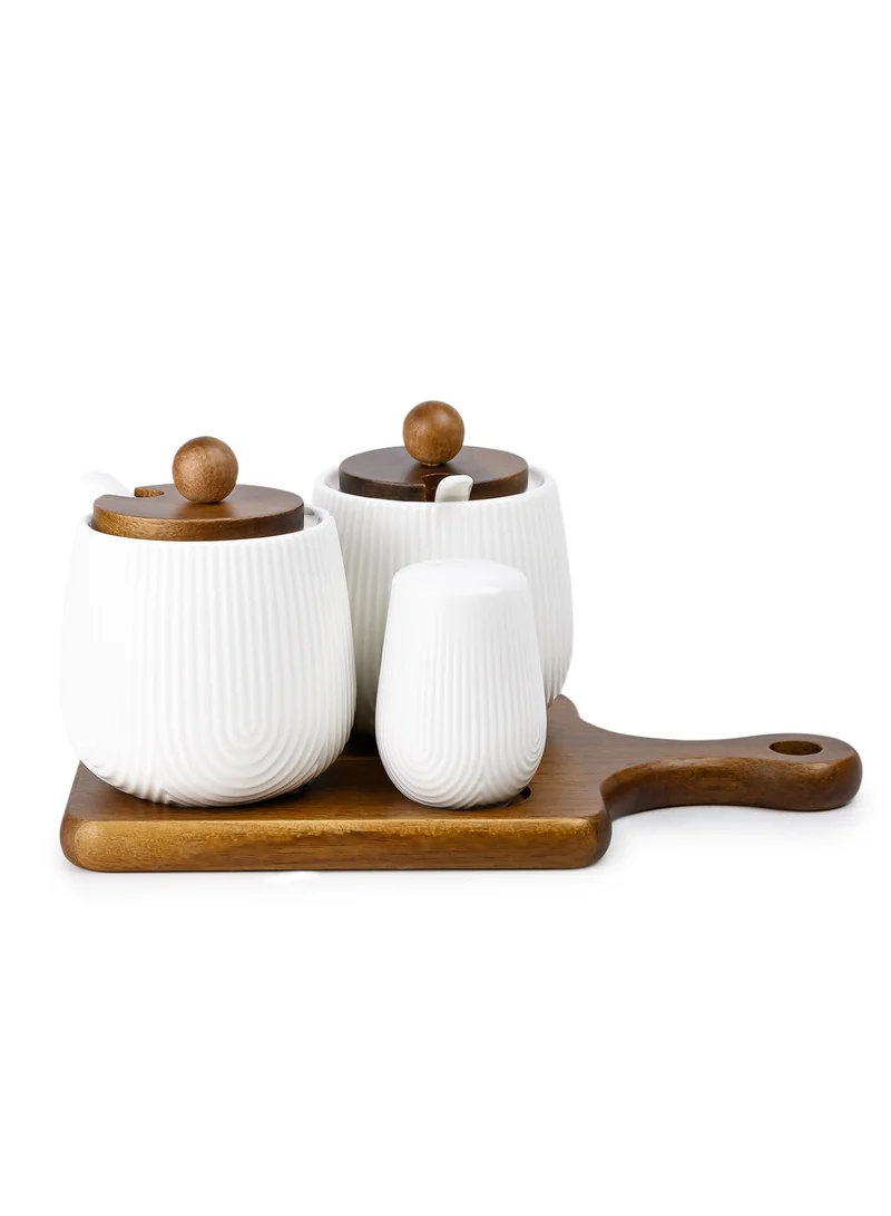 Shallow Shallow Acacia Wood Porcelain 4 Pieces Condiment Set, White & Brown