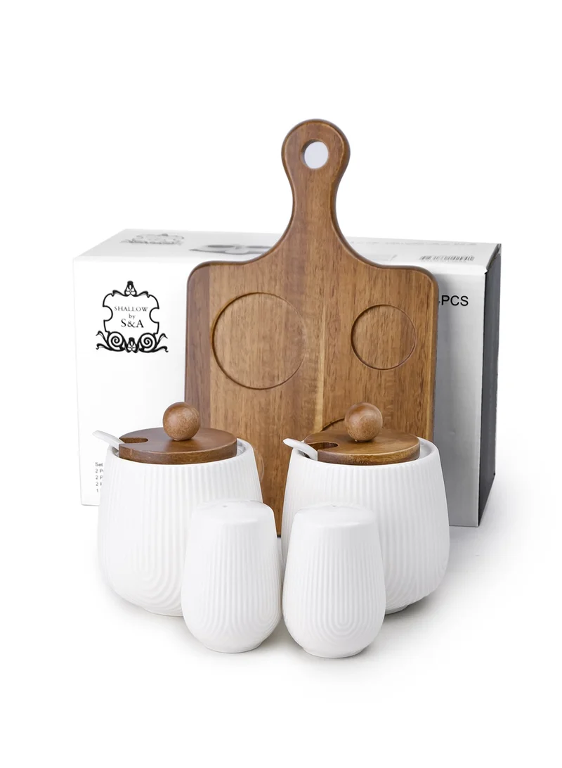 Shallow Shallow Acacia Wood Porcelain 4 Pieces Condiment Set, White & Brown