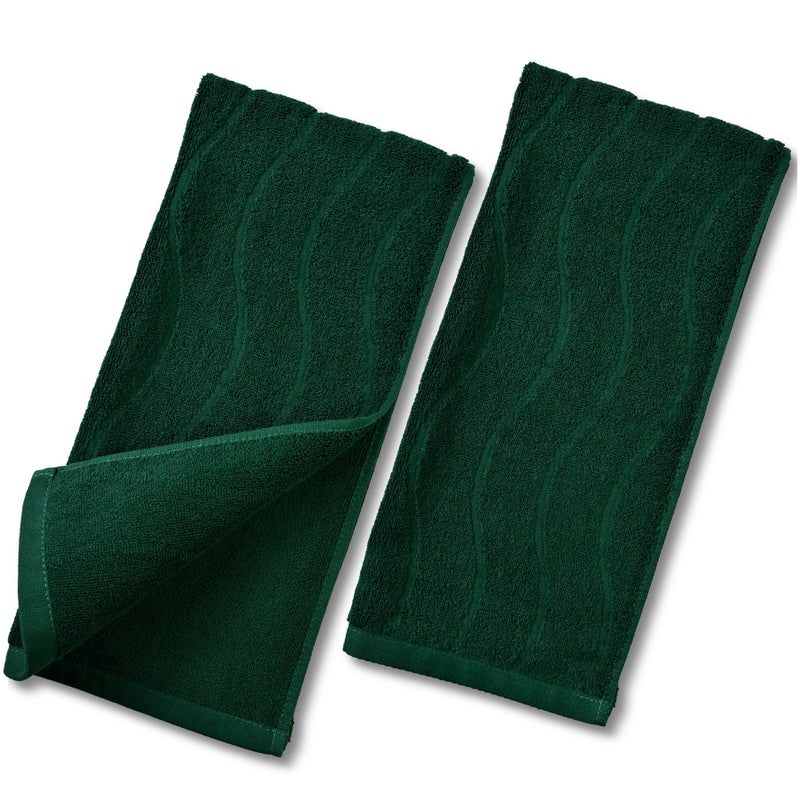 2Piece Hand Towels Set in Forest Green Wavy Striped Jacquard Towels for Bathroom Kitchen Gifts 13x29 Inches 100 Cotton