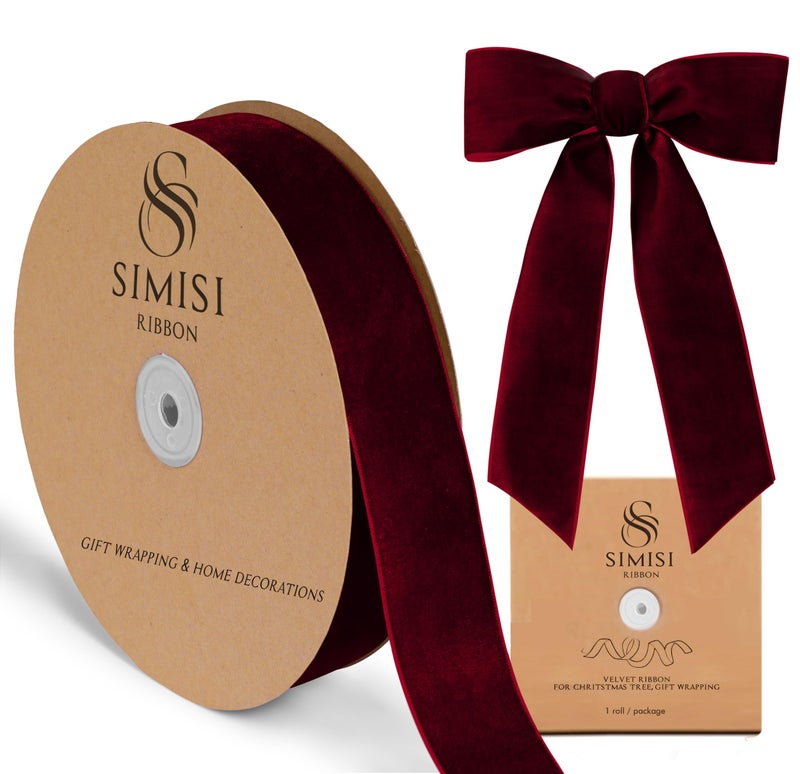 SIMISI RIBBON Burgundy Velvet Ribbon 1.5'' 25 Yards for Christmas Tree, Gift Wrapping, Flower Bouquet, Wreath Decorations, Bow Making - Image 1