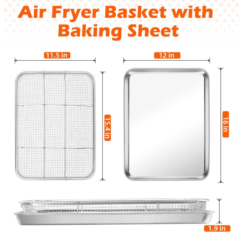 TeamFar Air Fryer Basket for Oven, 16â€x12â€ Stainless Steel Air Fryer Basket and Tray, Oven Air Fryer Rack with Baking Pan for Cooking Baking Broiling Grilling, Heavy Duty & Dishwasher Safe - Image 2