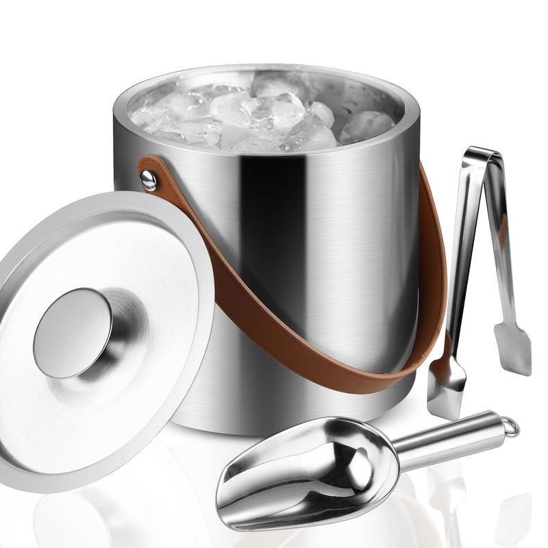Bakpoco Double-Wall Vacuum Insulated Ice Bucket with Lid, Scoop, Ice Tong, Strainer & Leather Handle Keep Ice Frozen Longer Large Wine Ice Buckets for Cocktail Bar,Parties Chilling Beer Champagne 3L - Image 1